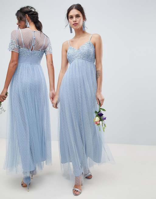 Blue lace mesh store overlay maxi dress