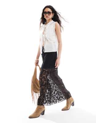 Asos Design Lace And Embroidery Detail Tie Front Top In Neutral