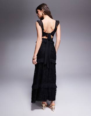 Asos Design Lace And Mesh Mix Tiered Ruffle Maxi Dress