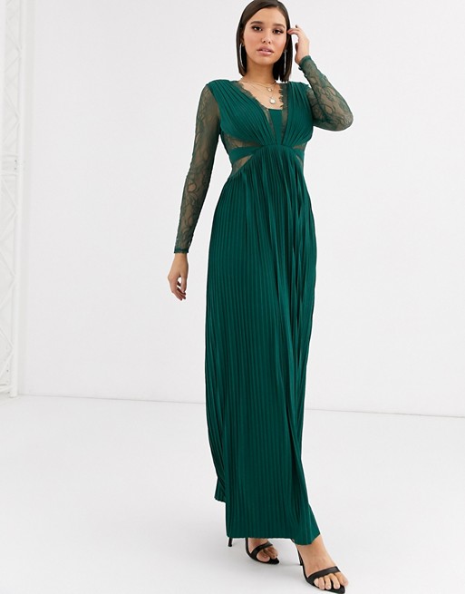 ASOS DESIGN lace and pleat long sleeve maxi dress