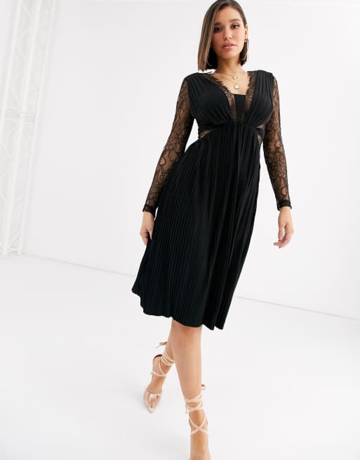 ASOS DESIGN lace and pleat long sleeve midi dress in black | ASOS