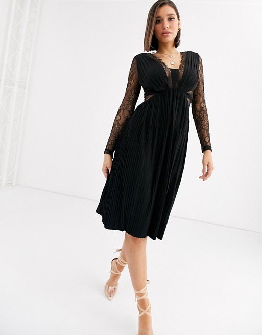 ASOS DESIGN lace and pleat long sleeve midi dress in black