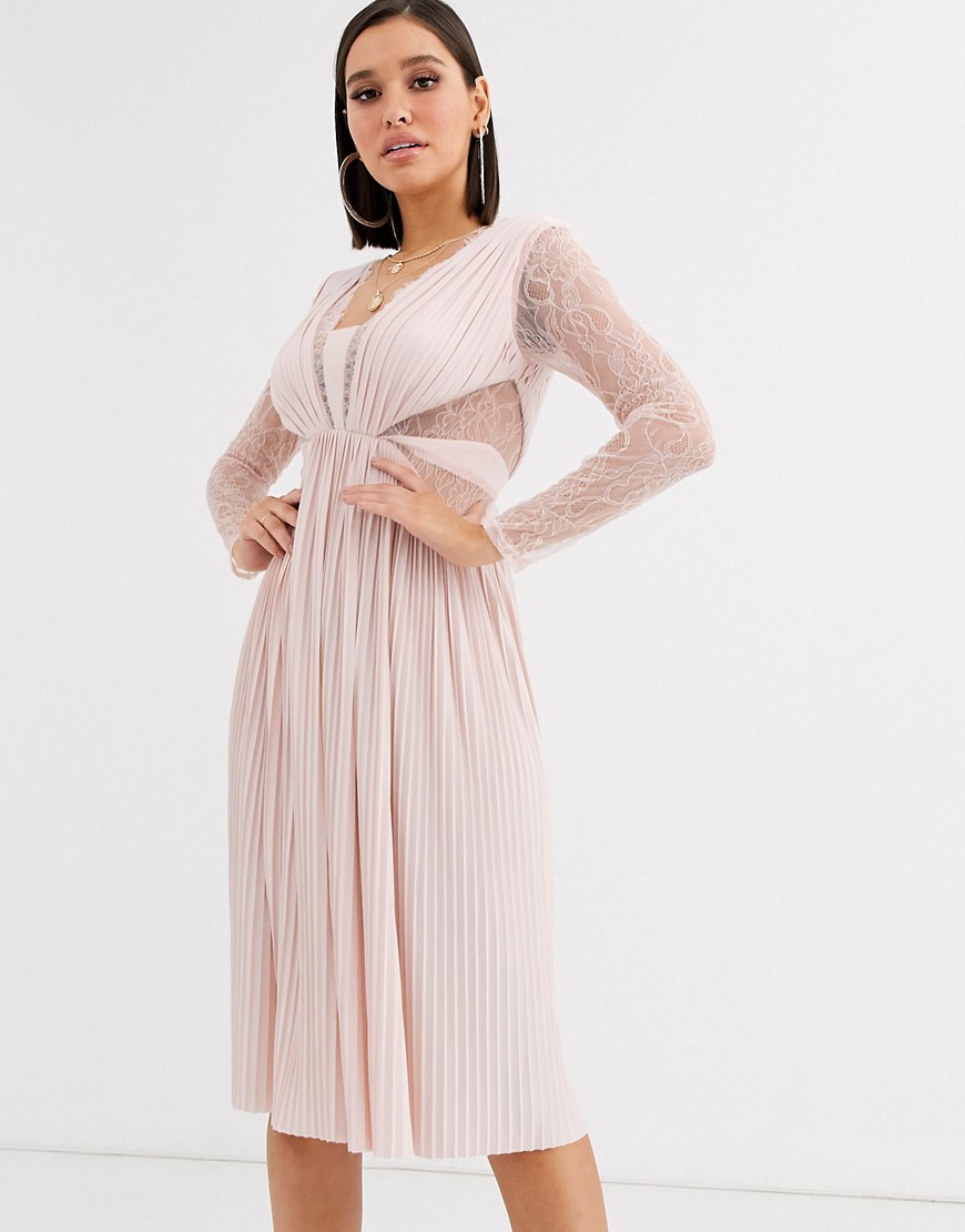 ASOS DESIGN lace and pleat long sleeve midi dress-Beige