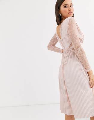 asos design lace and pleat midi dress