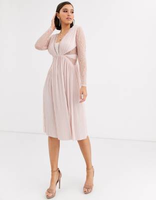 asos design lace and pleat midi dress