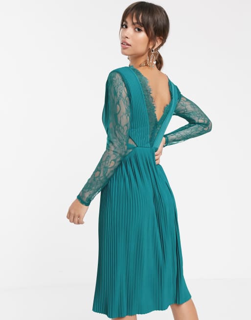 ASOS DESIGN lace and pleat long sleeve midi dress