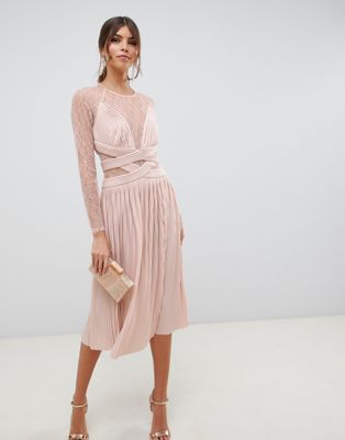 ASOS DESIGN lace and pleat midi dress-Pink