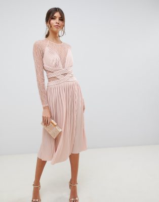 ASOS DESIGN lace and pleat midi dress-Pink