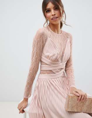 asos design lace and pleat midi dress