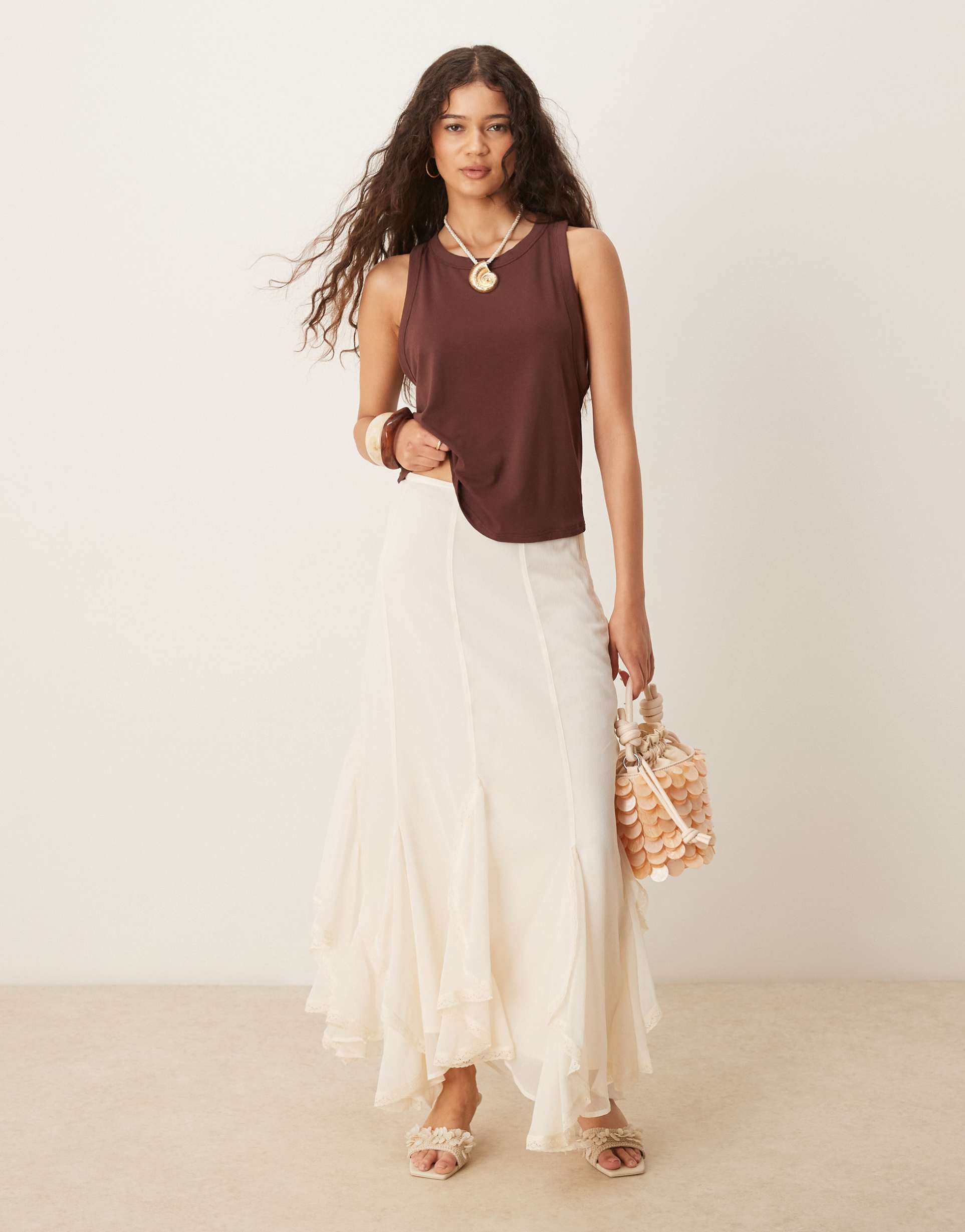 asos design lace and ruffle chiffon maxi skirt in cream