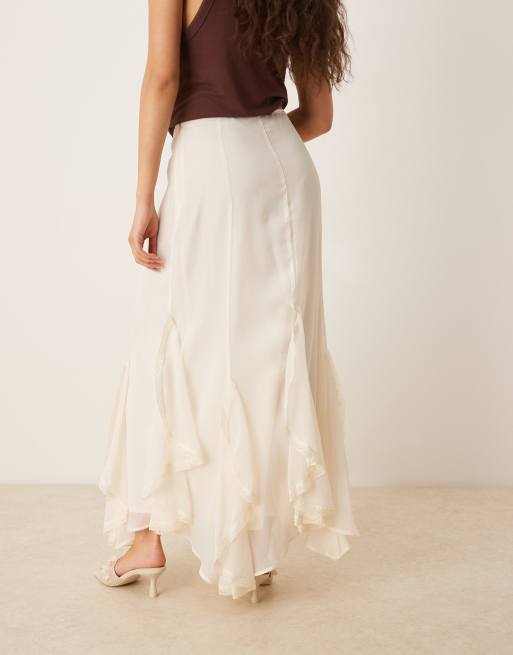ASOS DESIGN lace and ruffle chiffon maxi skirt in cream, 4 of 5