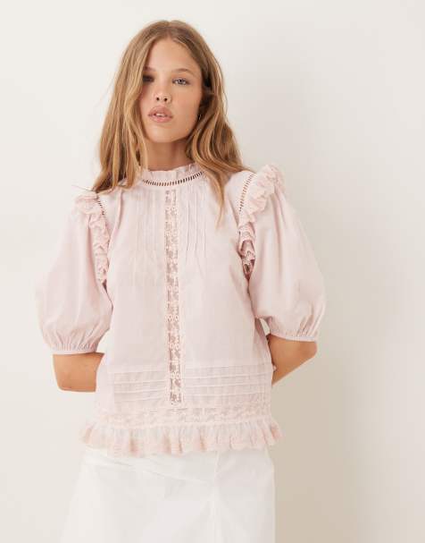 ASOS DESIGN lace and ruffle insert short sleeve top in pink - view 1