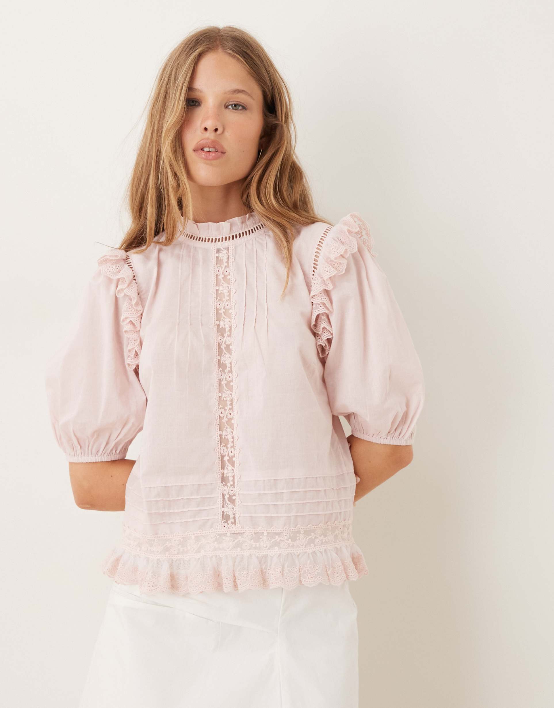 asos design lace and ruffle insert short sleeve top in pink