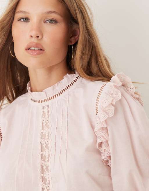ASOS DESIGN lace and ruffle insert short sleeve top in pink
