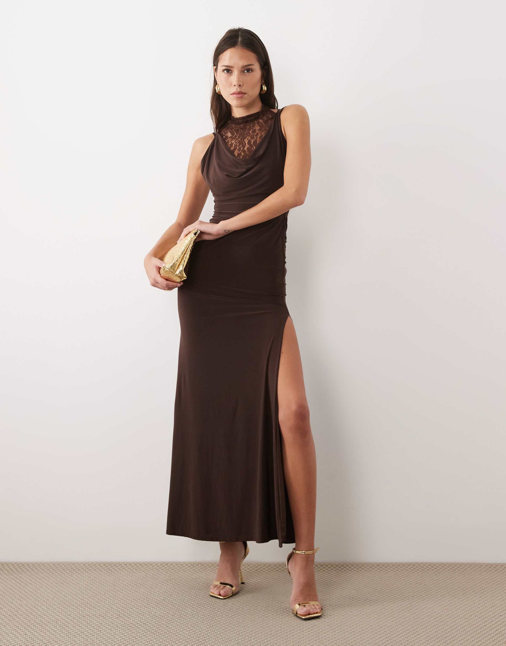 asos design lace and slinky layered cowl maxi dress in chocolate