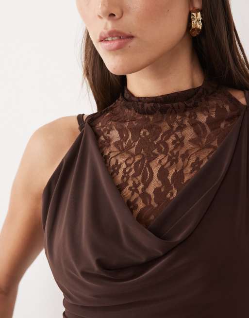 ASOS DESIGN lace and slinky layered cowl maxi dress in chocolate, 3 of 4