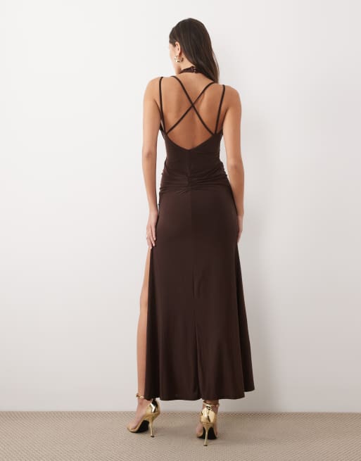 ASOS DESIGN lace and slinky layered cowl maxi dress in chocolate, 4 of 4