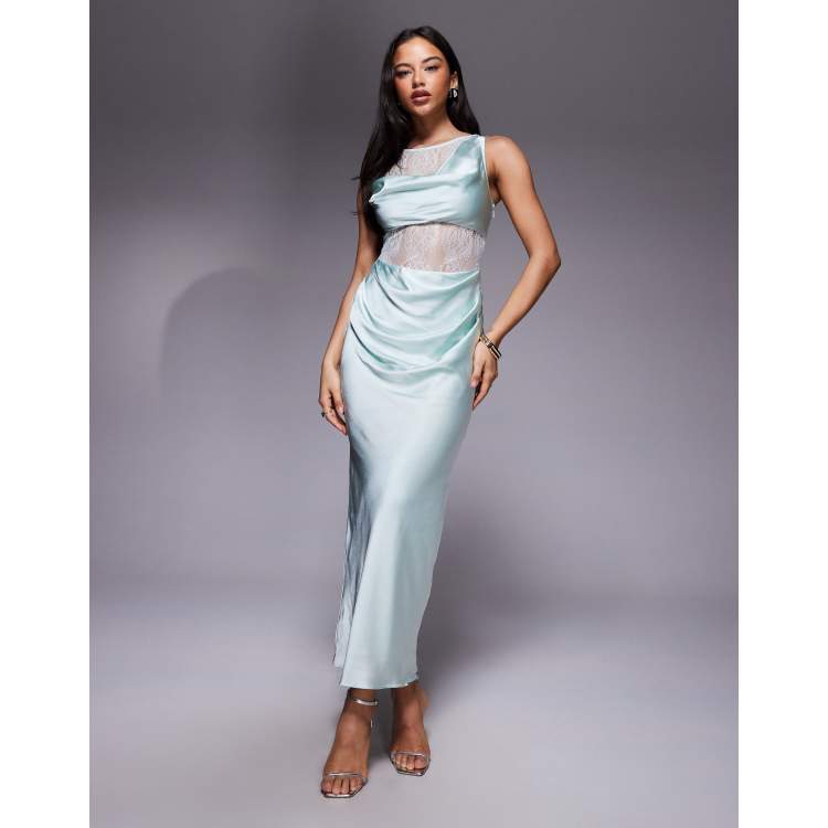 ASOS DESIGN lace and washed satin drape bias cut maxi dress in pale blue