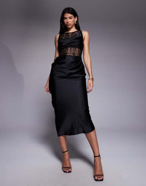 ASOS DESIGN lace and washed satin drape bias midi dress in black - view 1