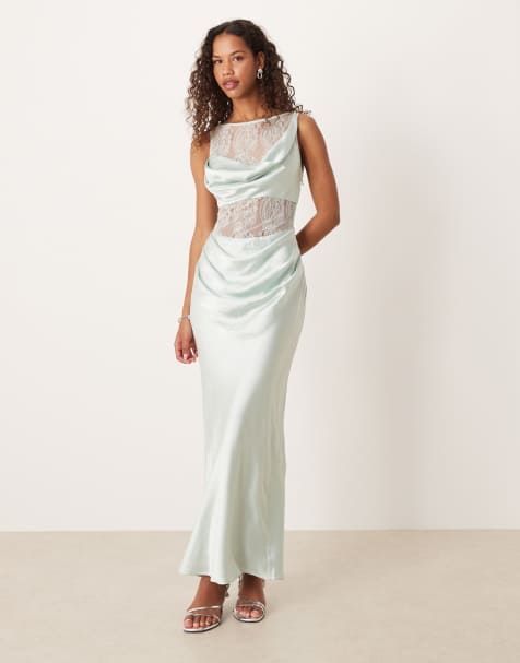 ASOS DESIGN lace and washed satin drape bias midi dress in pale blue - view 1