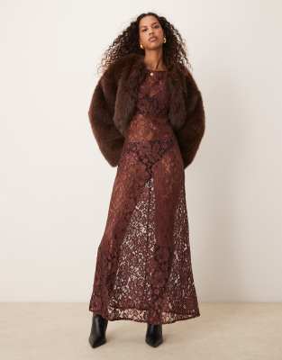 ASOS DESIGN lace angel sleeve maxi dress in chocolate-Brown