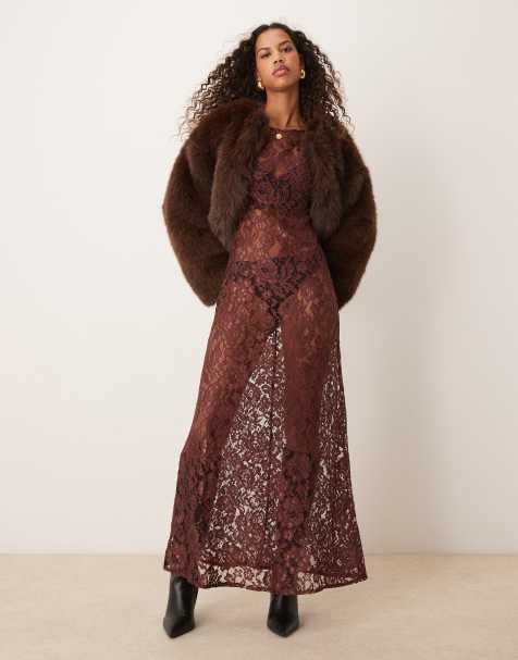 ASOS DESIGN lace angel sleeve maxi dress in chocolate - view 1