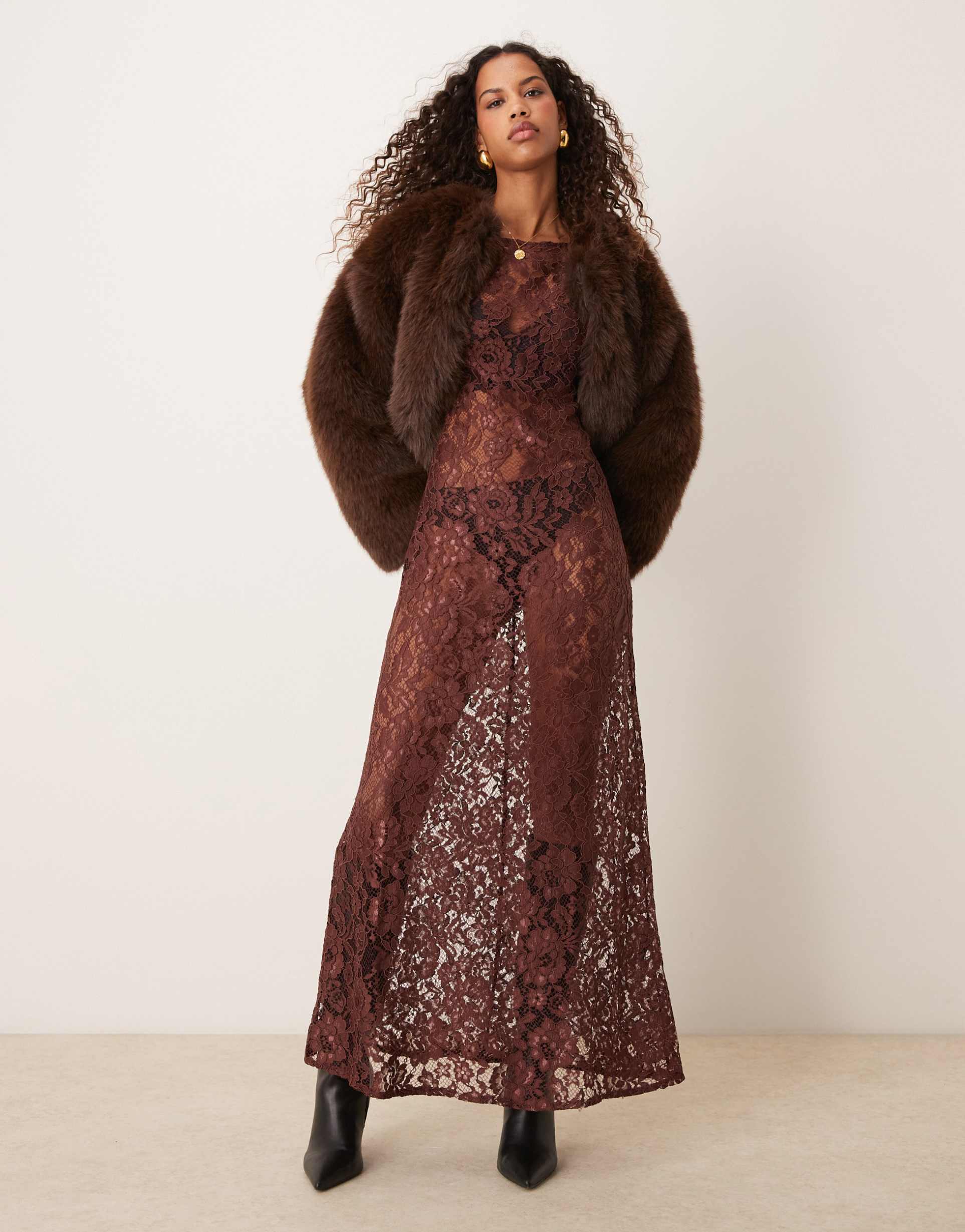 asos design lace angel sleeve maxi dress in chocolate