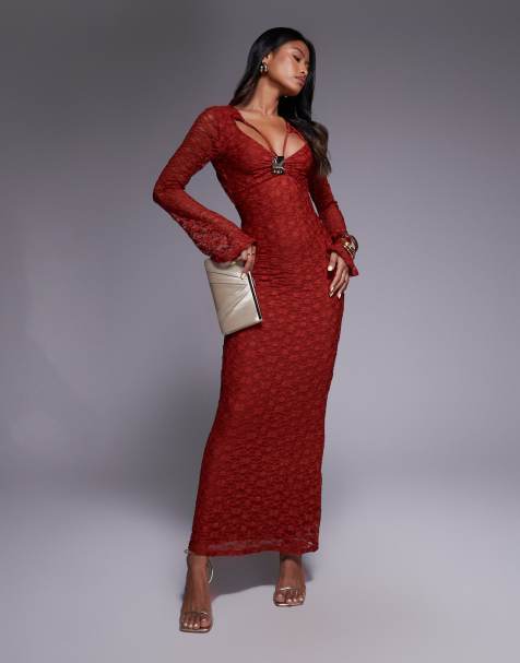 ASOS DESIGN lace angel sleeve maxi dress with front cut out in red - view 1