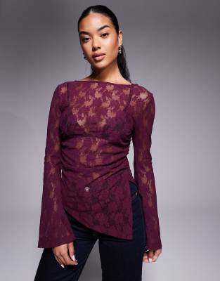Asos Design Lace Angel Sleeve Top With Godet Detail In Purple
