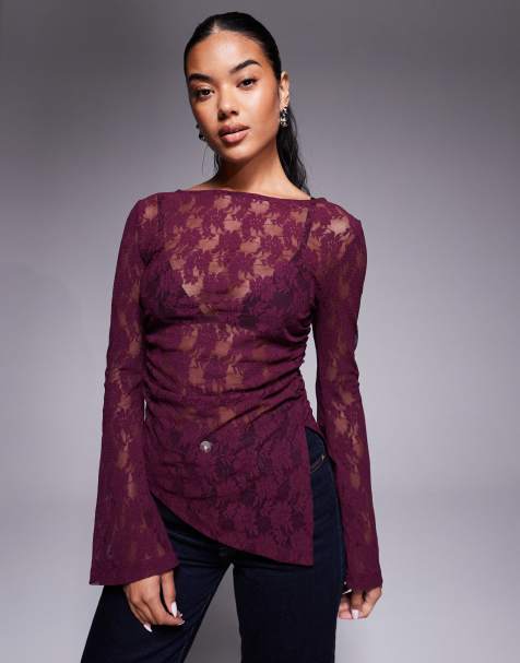 ASOS DESIGN lace angel sleeve top with godet detail in fig - view 1