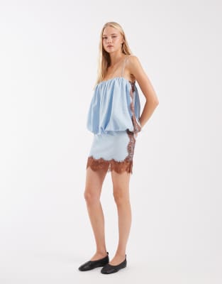 Asos Design Lace Applique Bubble Hem Mini Dress In Blue
