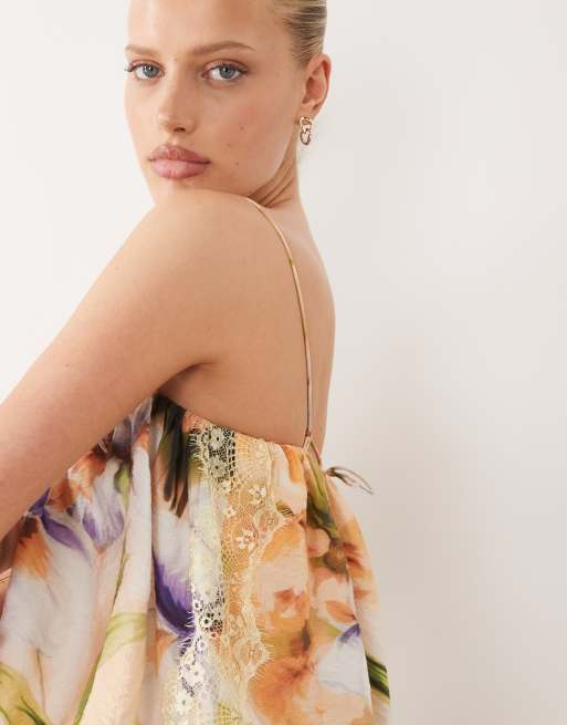 ASOS DESIGN lace applique bubble hem mini dress in blurred floral print, 2 of 4