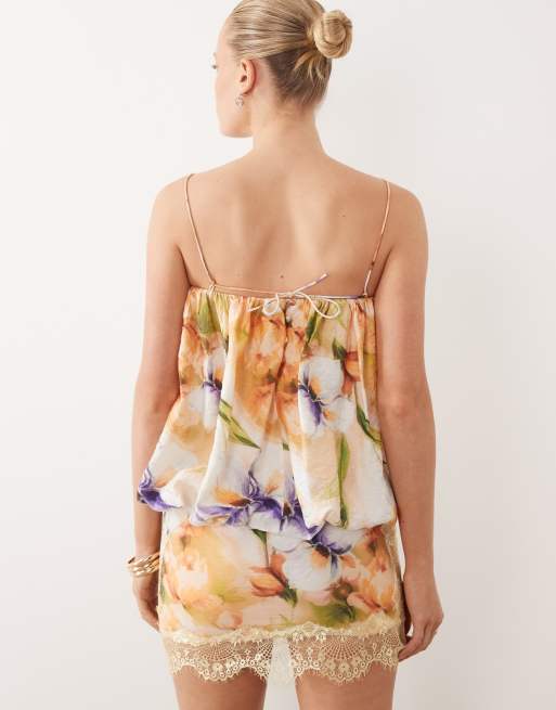 ASOS DESIGN lace applique bubble hem mini dress in blurred floral print, 4 of 4