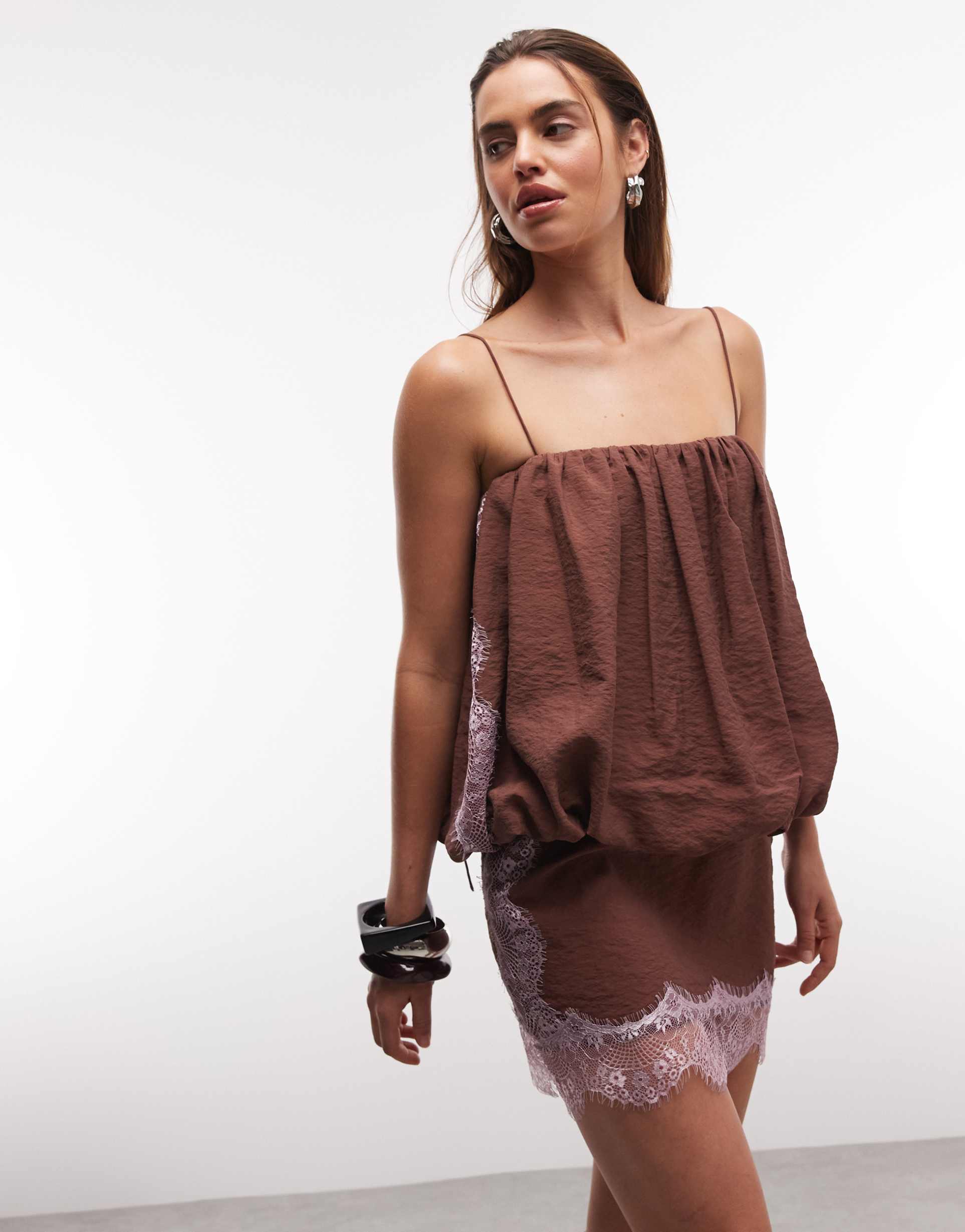 asos design lace applique bubble hem mini dress in chocolate with lilac lace