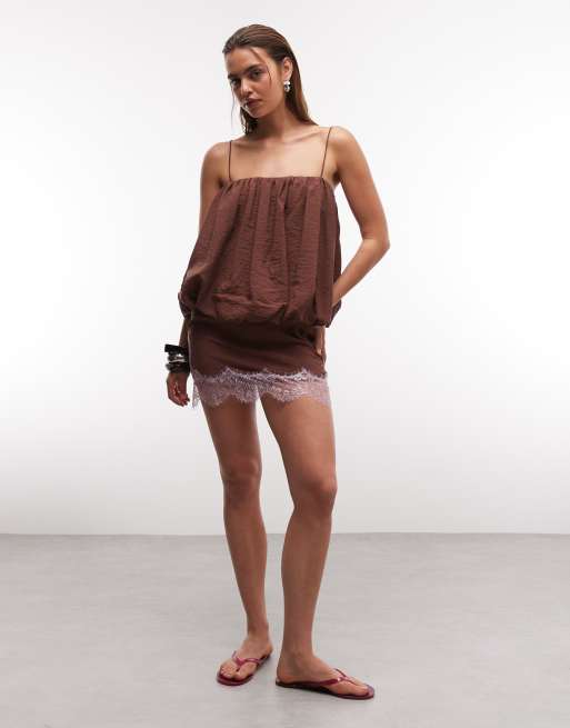 ASOS DESIGN lace applique bubble hem mini dress in chocolate with lilac lace, 4 of 7