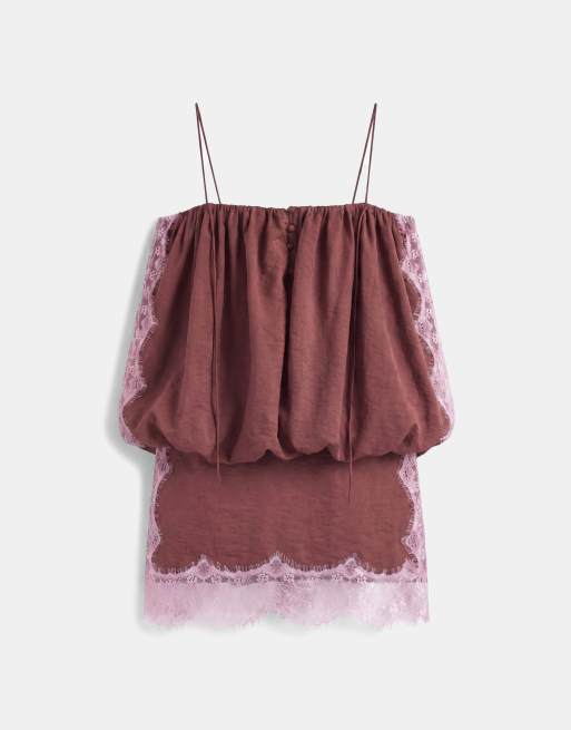 ASOS DESIGN lace applique bubble hem mini dress in chocolate with lilac lace, 6 of 7