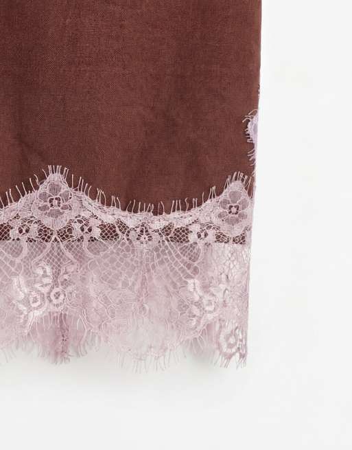 ASOS DESIGN lace applique bubble hem mini dress in chocolate with lilac lace, 7 of 7