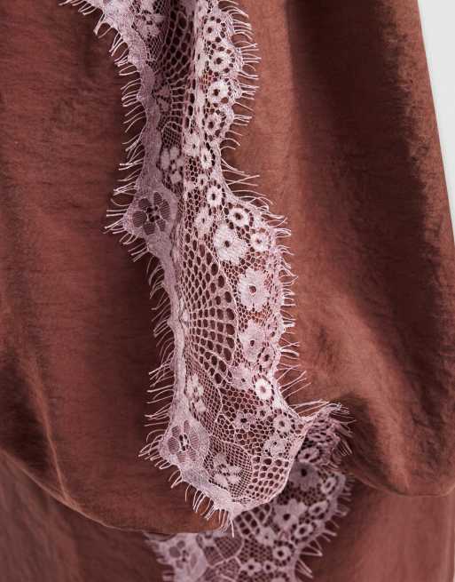 ASOS DESIGN lace applique bubble hem mini dress in chocolate with lilac lace, 8 of 8