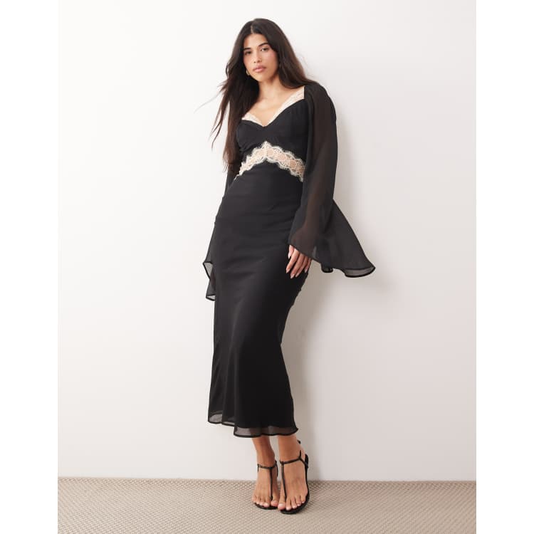 ASOS DESIGN lace appliqu chiffon mix draped sleeves midi dress in black  and cream | ASOS