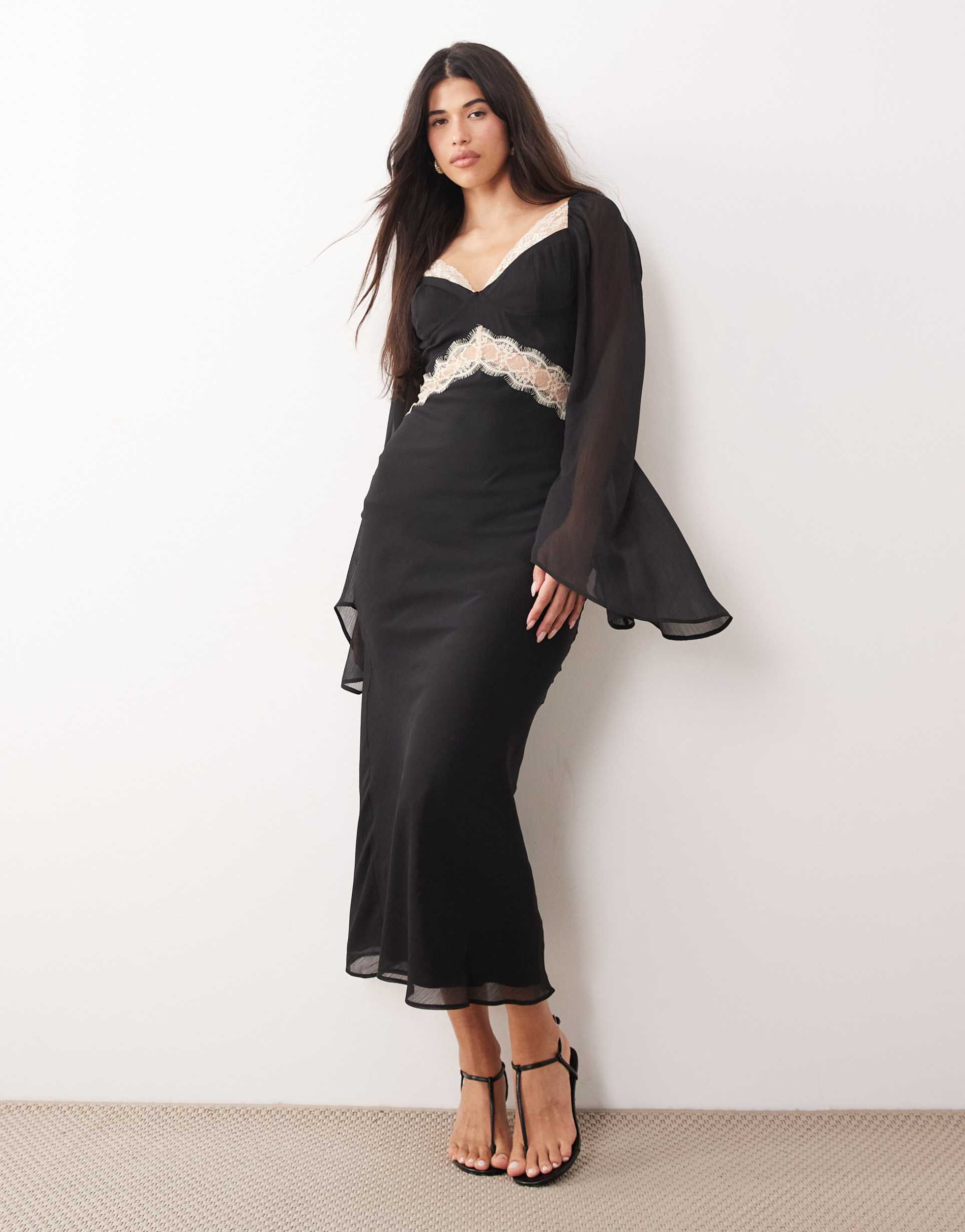 asos design lace appliqué chiffon mix draped sleeves midi dress in black and cream