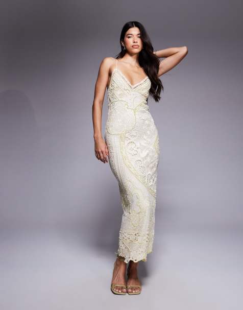 ASOS DESIGN lace applique embellished cami maxi dress in yellow - view 1