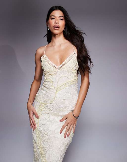 ASOS DESIGN lace applique embellished cami maxi dress in yellow