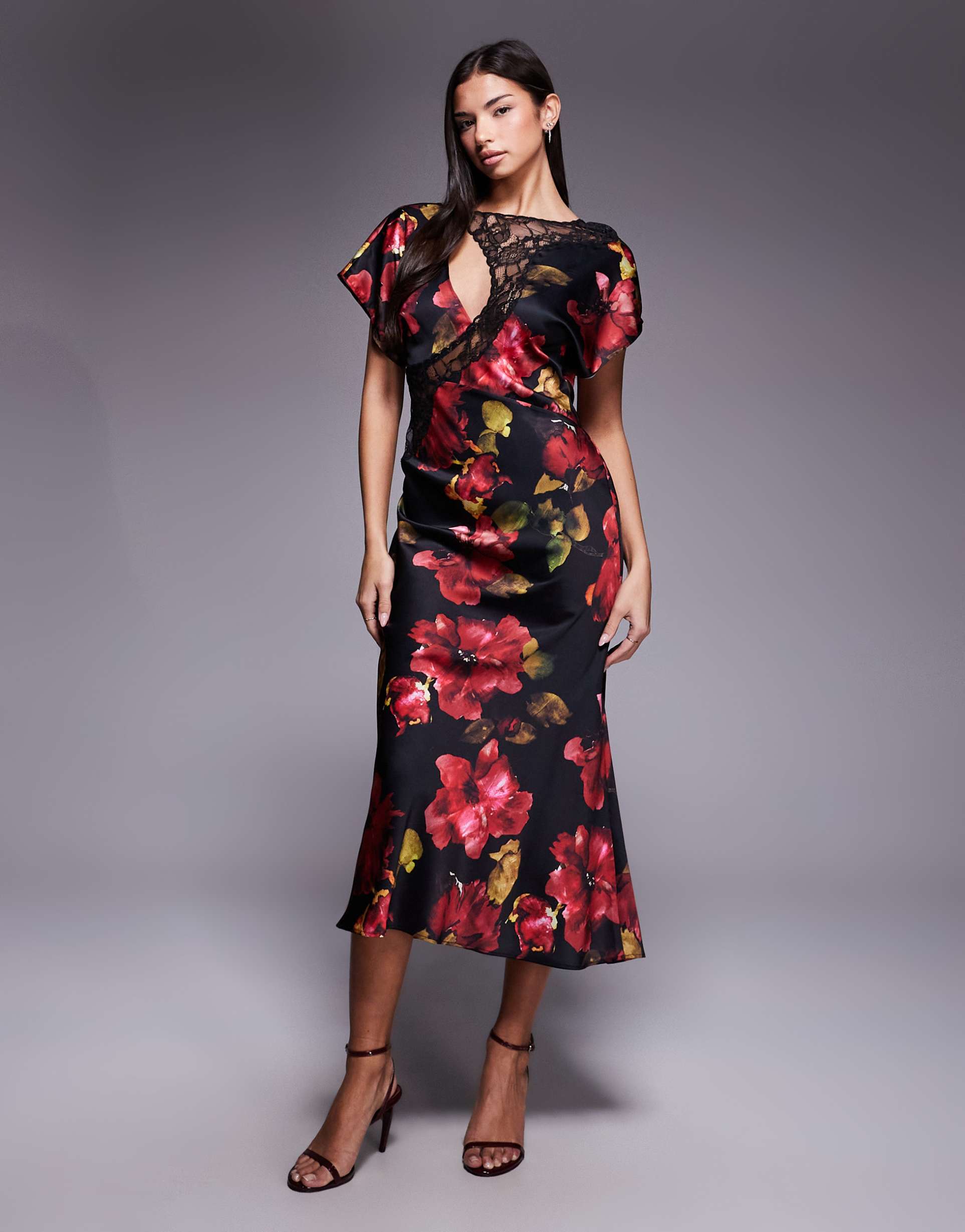 asos design lace applique grown-on sleeve bias cut satin maxi dress in burgundy floral