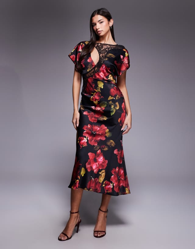 burgundy floral lace dress ASOS DESIGN applique grown-on sleeve bias cut satin maxi in Size:10 yrs this dress will enhance Custom-Tutu Women's Short Dresses |