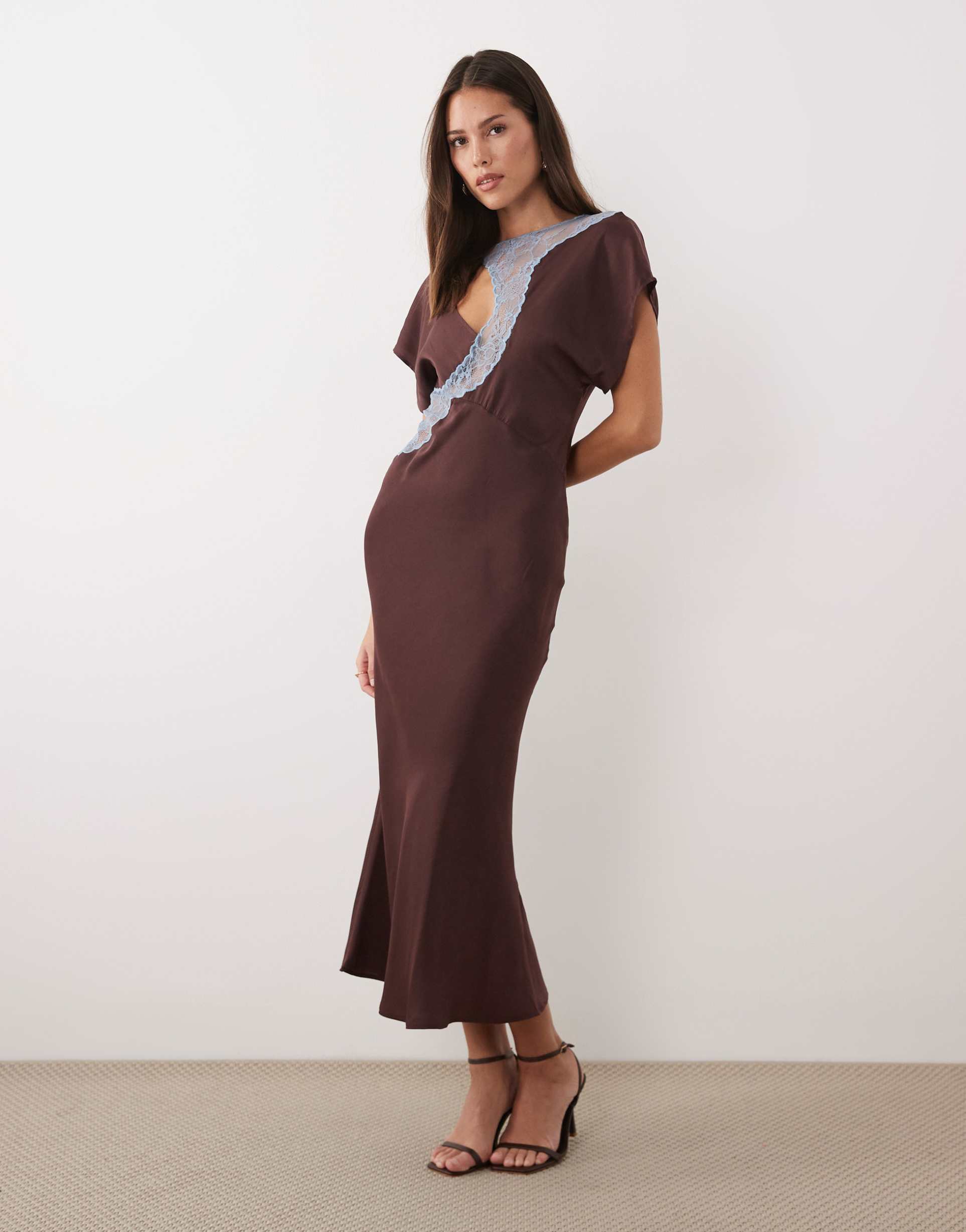 asos design lace appliqué grown on sleeve bias cut satin midi dress in plum