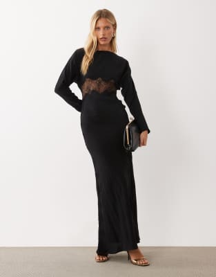 ASOS DESIGN lace appliqué maxi dress in black, a long-sleeve bias cut dress with a sheer lace cutout panel