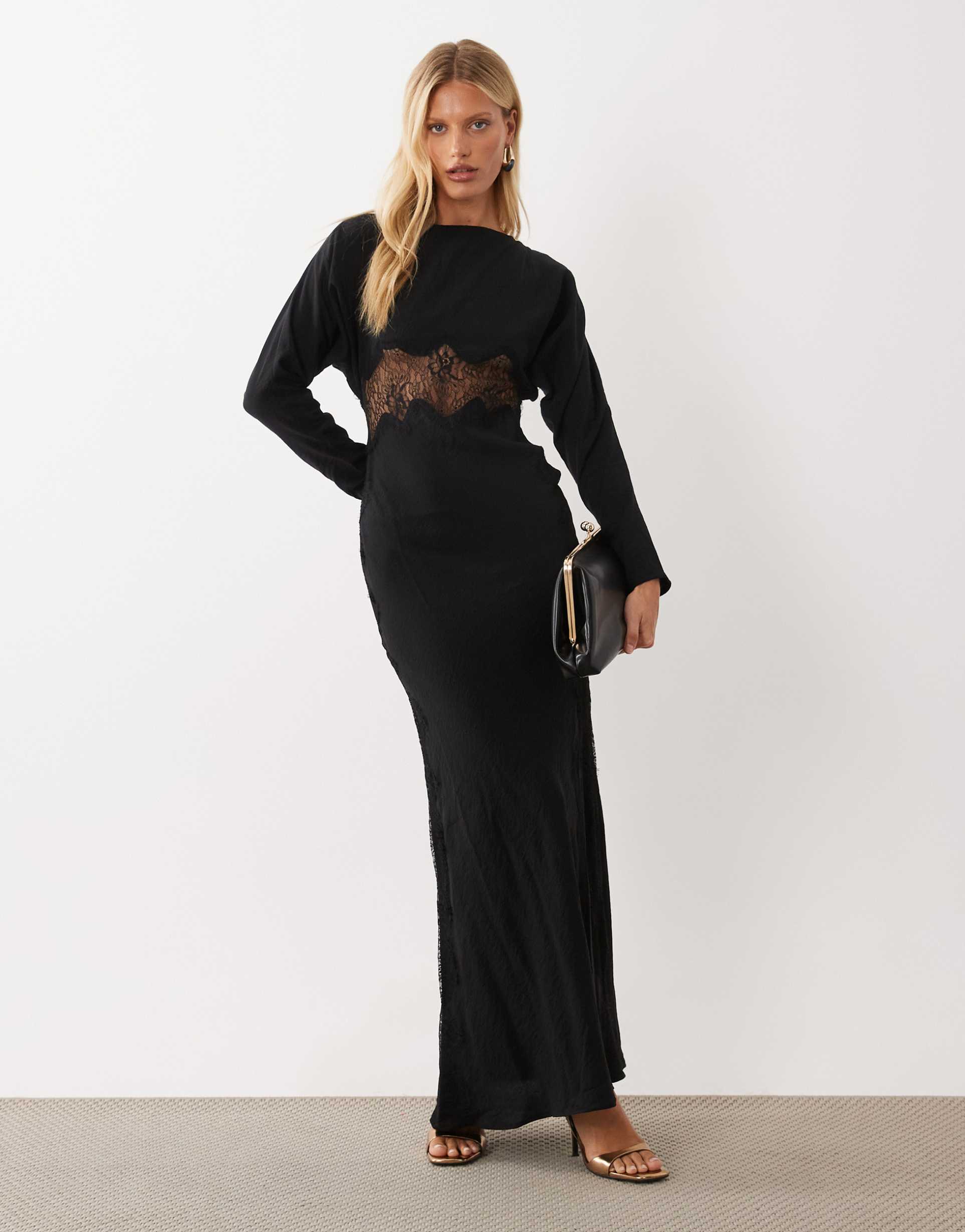 asos design lace appliqué grown on sleeves bias cut maxi dress in black