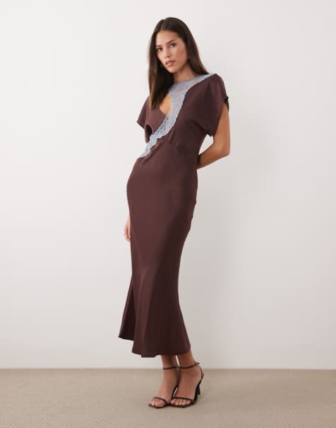 ASOS DESIGN lace appliqué grown on sleeves bias cut satin dress in plum - view 1