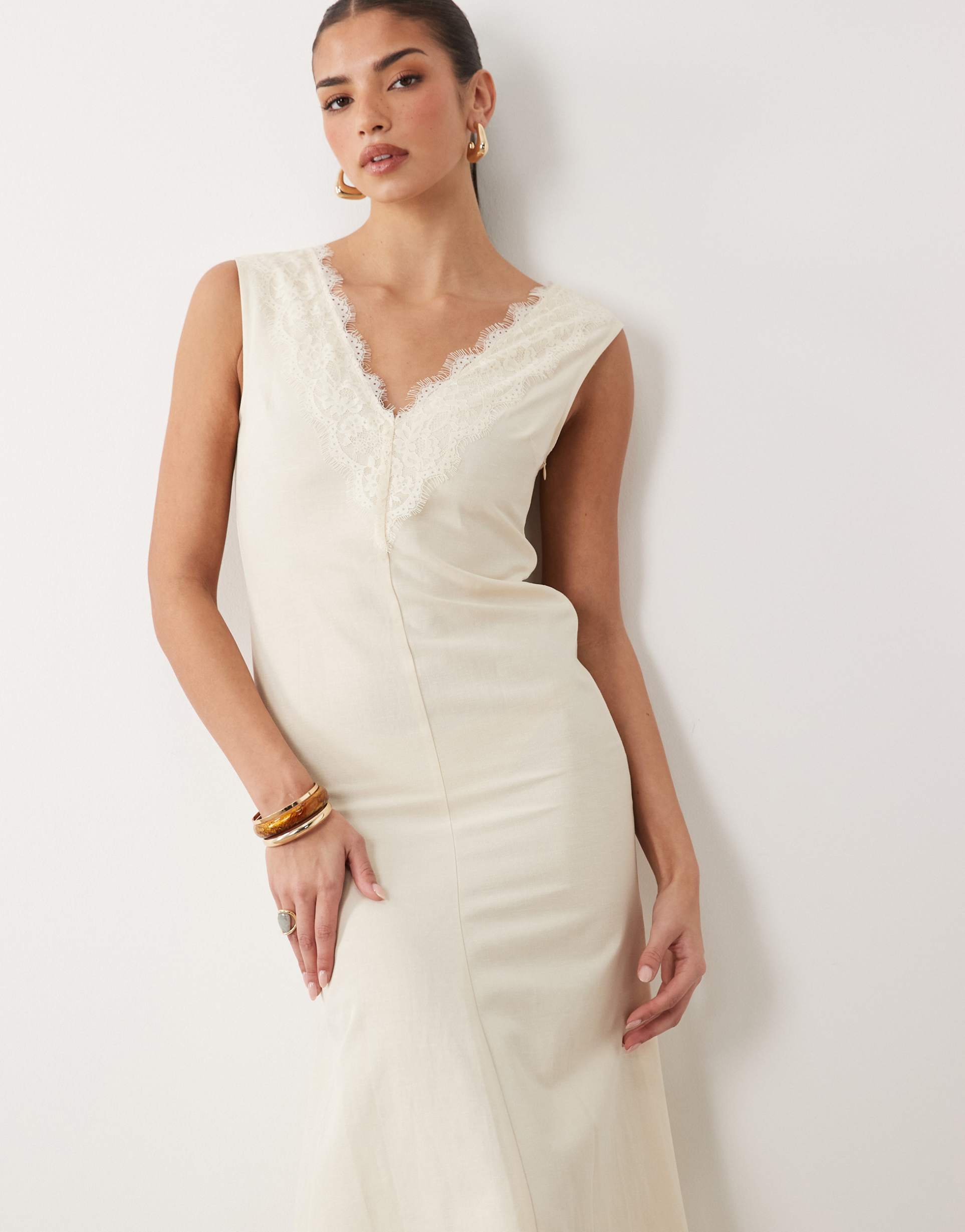 asos design lace applique linen look midi dress in beige