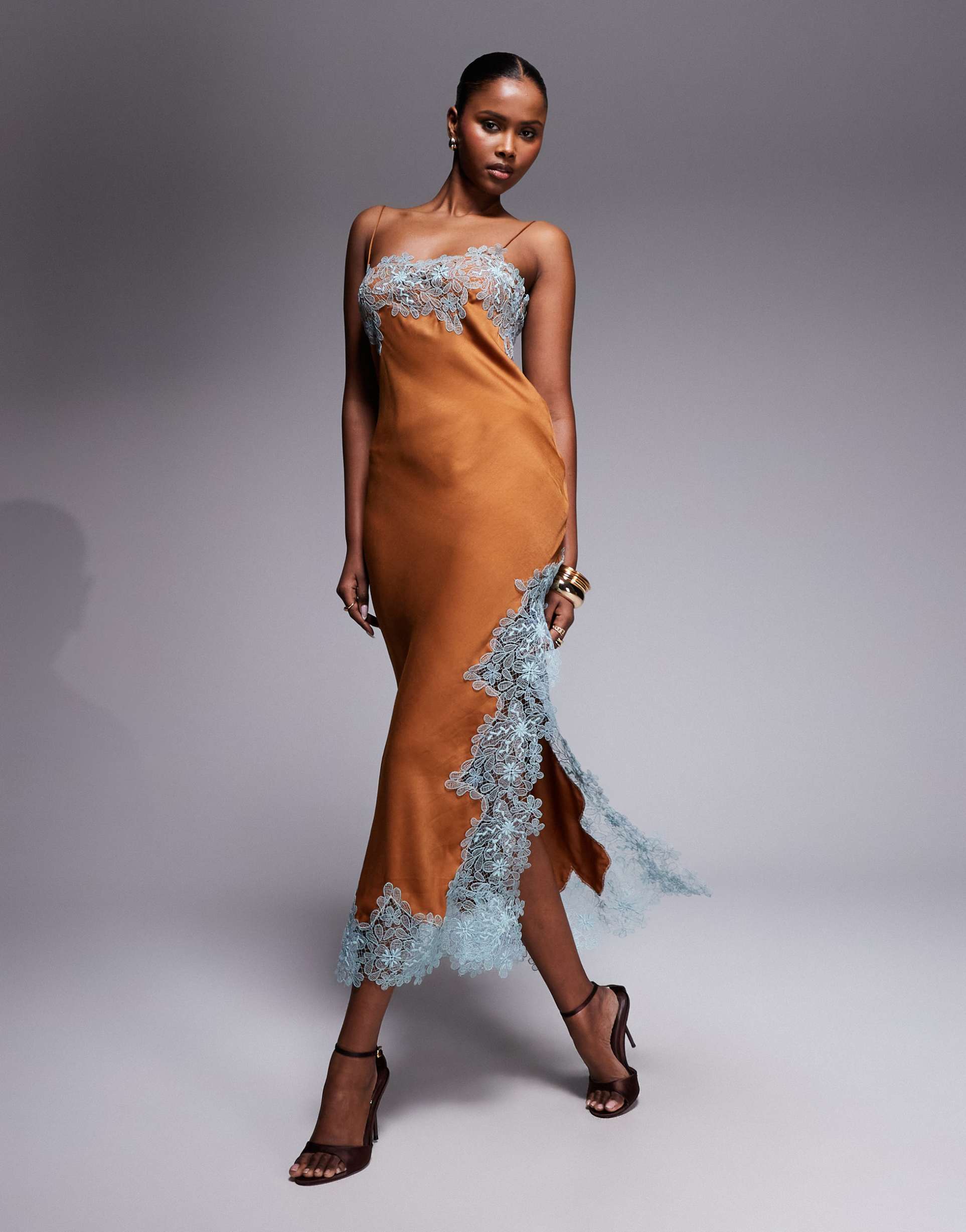 asos design lace applique satin bias midi slip dress in brown and blue